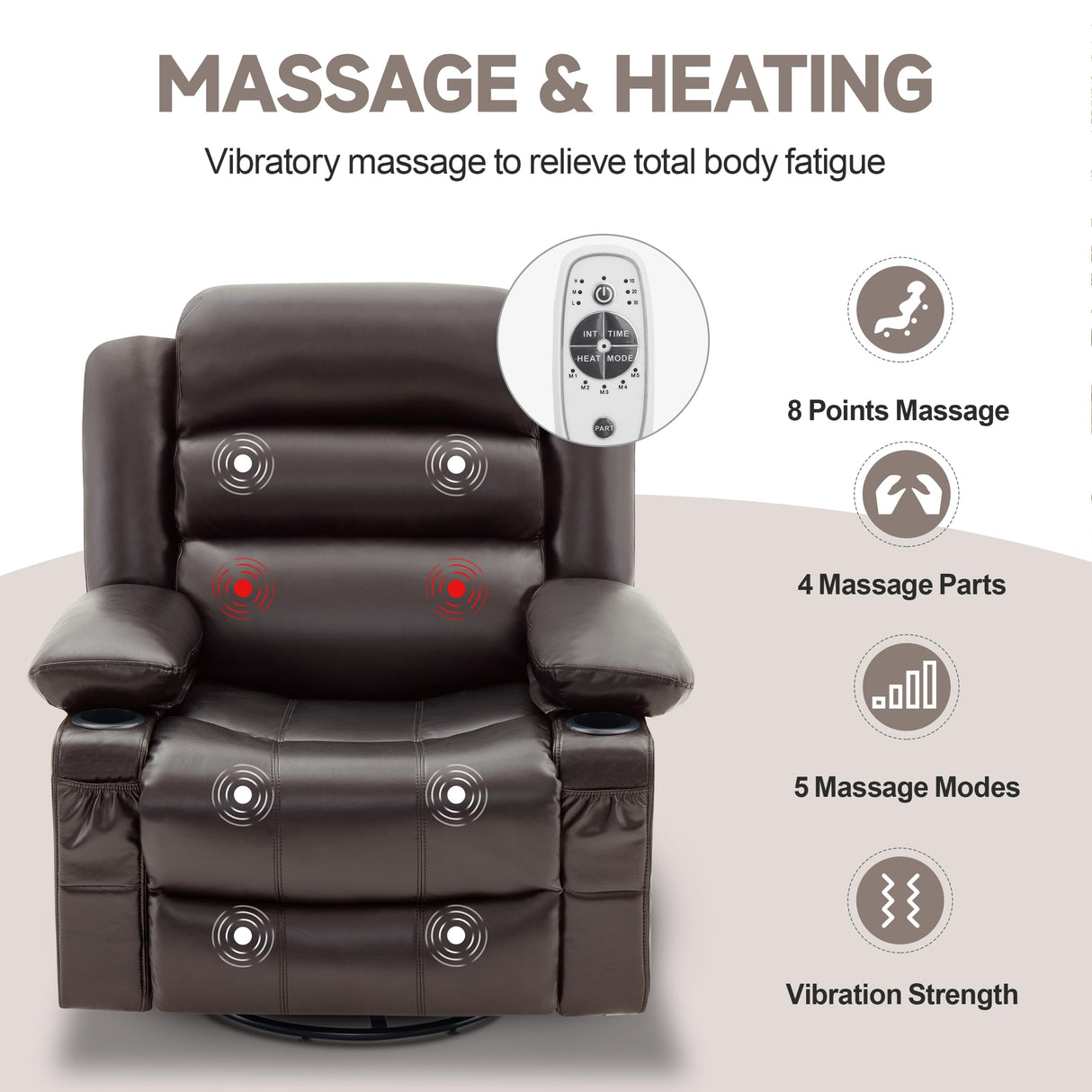 Huatean Home Rocker Recliner Chair with Heat and Massage, 360° Swivel Recliner Chairs for Adults, Oversized Recliner Single Sofa Seat with Cup Holders, Lazy Boy Recliner (Darkbrown, Regular) Huatean Home