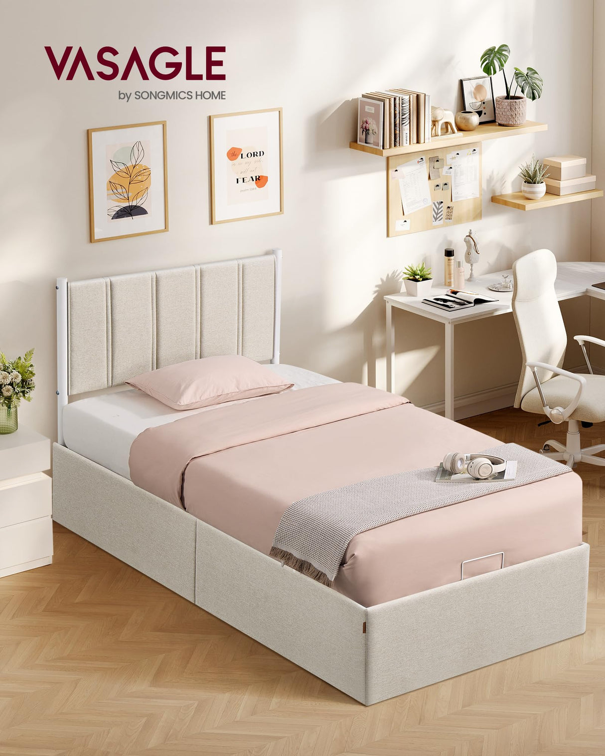 VASAGLE Lift Up Storage Bed Frame Twin Size, Hydraulic Platform Bed, with Upholstered Headboard, 550 lb Weight Capacity, No Box Spring Needed, Easy Assembly, Modern, Cappuccino Beige URMB603W01 VASAGLE