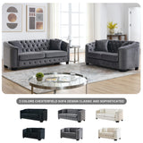 BUIORD 2 Piece Modern Chesterfield Velvet 77" 3-Seater+59" Loveseat Sofa Set, Upholstered Tufted Backrests with Nailhead Arms and 4 Cushions for Living Room, Bedroom, Apartment Grey BUIORD