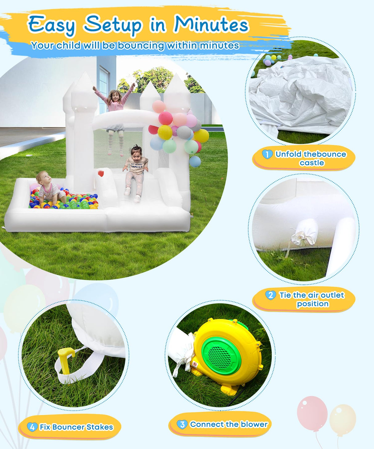 NBSPORT White Bounce House with Blower Included, 9x9x7FT Inflatable Bounce House Castle with Ball Pit and Slide,Small Jumper Bouncy Castle, Fun for Kids Birthday Party NBSPORT
