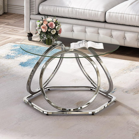 O&K FURNITURE Glass Coffee Table, Modern Silver Coffee Table Living Room Table with Hexagonal Base, Round Coffee Table for Home&Office, Chrome Finish, 1 PC O&K FURNITURE