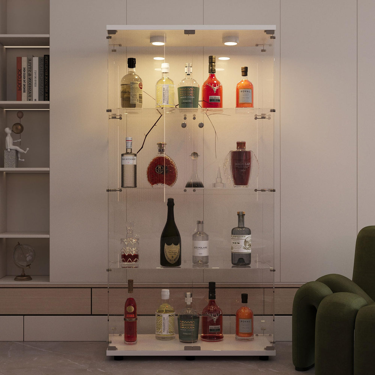 lunhung Glass Display Cabinet 4-Shelf with LED Lights and Lock,2 Doors Curio Cabinets Display Case Storage Cabinet,Glass Floor Standing Bookshelf for Living Room 32" W x 14" D x 64" H (White) lunhung