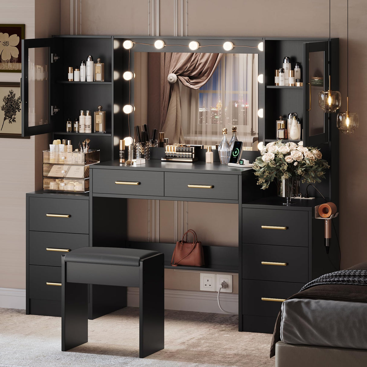 TOKSOM Black Vanity Desk with Mirror, Lights & Charging Station, 58.3" 3 Lighting Modes Makeup Desk with 8 Drawers, 2 Cabinets and Lots Storage, Dressing Table Vanity Set with Lighted Mirror TOKSOM