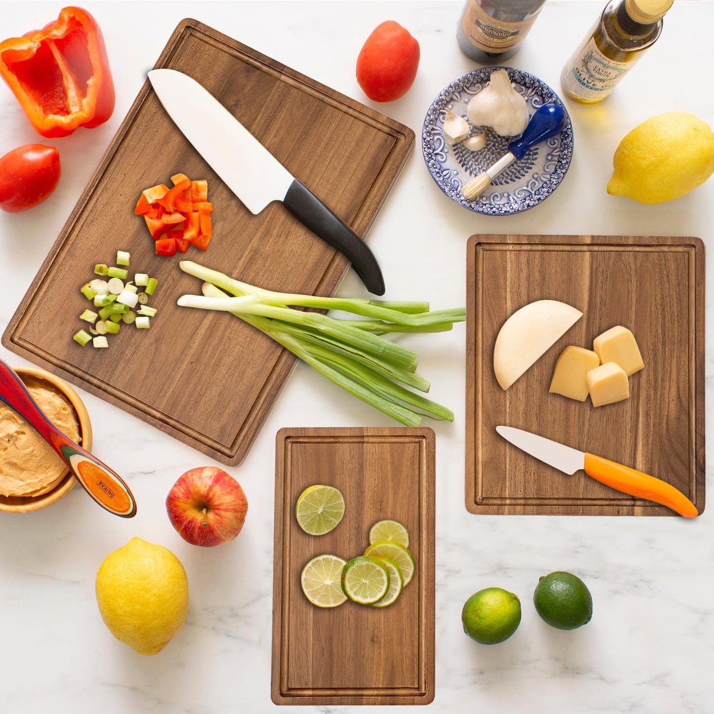 KOLWOVEN Wood Cutting Boards for Kitchen - Set of 3, Wooden Cutting Board Set with Holder for Chopping Meat, Cheese, Fruits, Vegetables, Knife Friendly Serving Tray