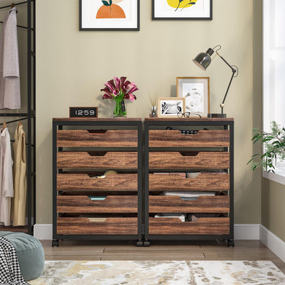 Tribesigns 5 Drawer Chest, Wood Storage Dresser Cabinet with Wheels, Industrial Storage Drawer Organizer Cart for Office Bedroom Entryway (Rustic Brown, 1 PC) - WoodArtSupply