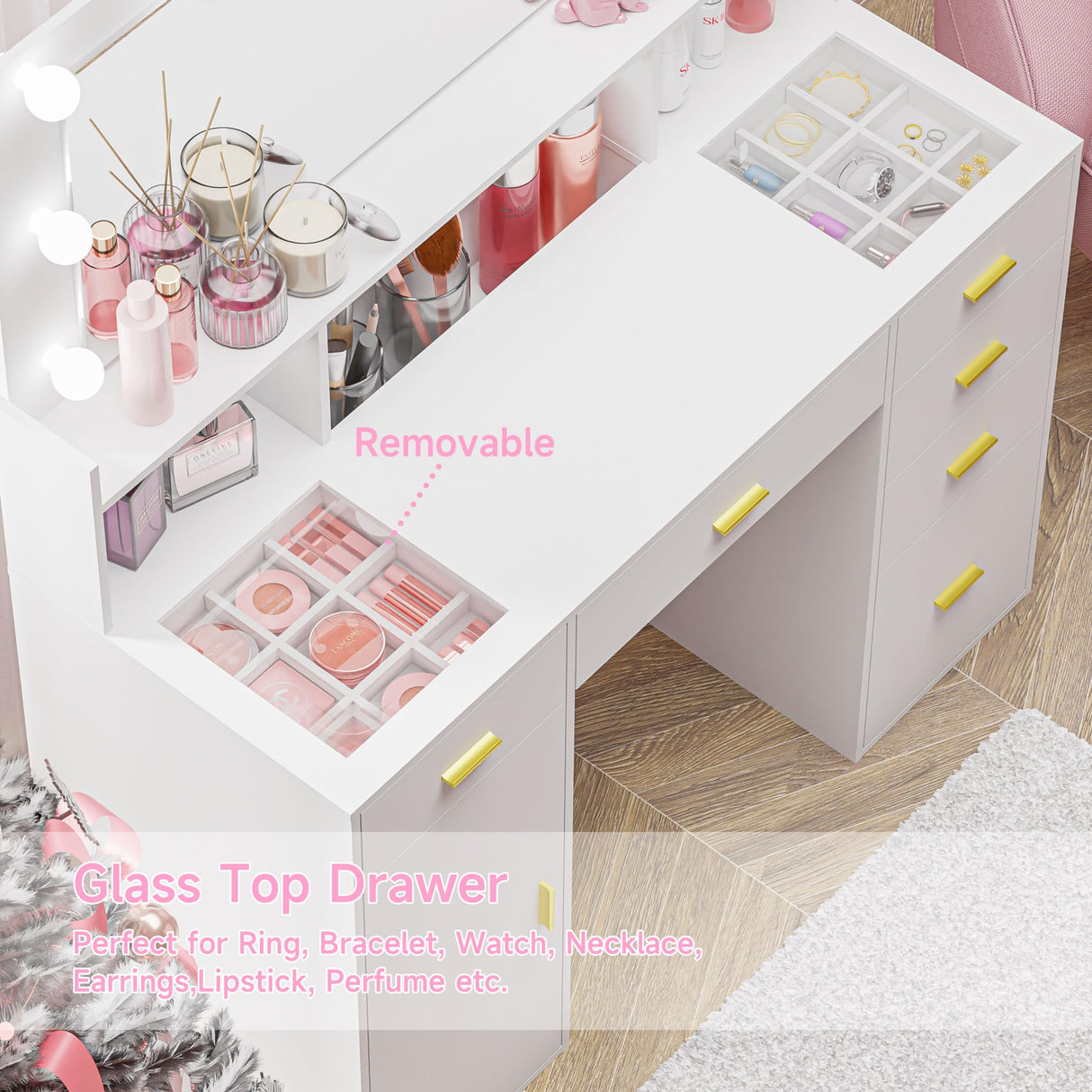 VoirStar Glass Vanity Desk with Large Lighted Mirror, 45" Big Makeup Vanity with 6 Drawers & Cabinet, 3 Lighting Colors, Makeup Vanity Desk with Glass Top, Hollywood Makeup Vanity with Lights, White VoirStar