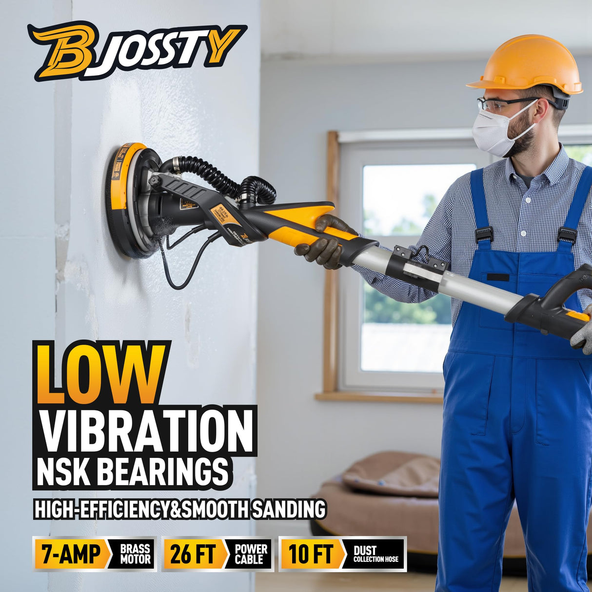 Drywall Sander with Vacuum Dust Collector, High Power 7-AMP Electric Sander for Drywall, 99% Dust Removal, 7 Variable Speed 900-1800RPM, Dustless Wall Sander for Drywall, Popcorn Ceiling etc BJOSSTY