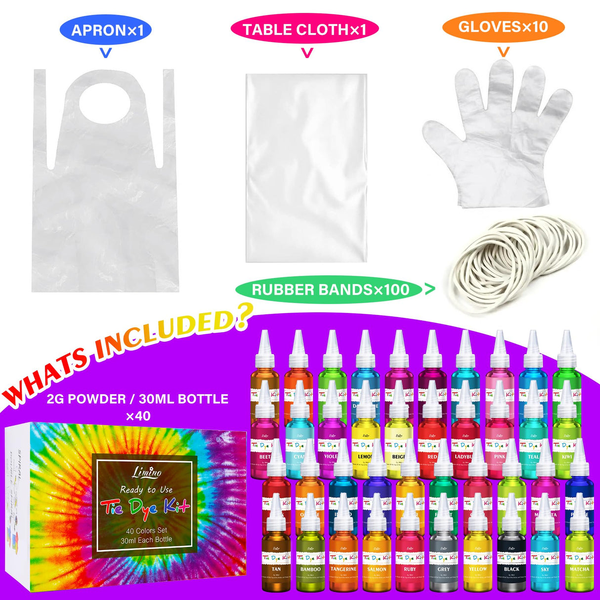 Tie Dye Kit - 40 Colors Permanent Fabric Dye with Rubber Bands, Gloves, Table Cover, Apron for Kids and Adults Tie-Dye Art - All-in-1 Textile Paint Dye for DIY Shirt, Hoodie Clothing Painting Limino