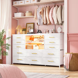 EnHomee White Dresser for Bedroom with 12 Drawers, Fabric Bedroom Dresser with LED Lights & Power Outlets Long Dressers & Chest of Drawers, Sturdy Dresser for Closet, Living Room, Hallway EnHomee