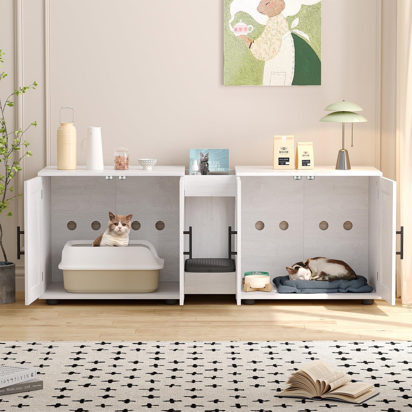 Gaomon Litter Box Enclosure with Double Cage, Cat House,Hidden Litter Box Enclosure Furniture for 2 Cats, Wooden Enclosed Cat Litter Box Furniture,55”L x 17.7”W x 22.5”H,White