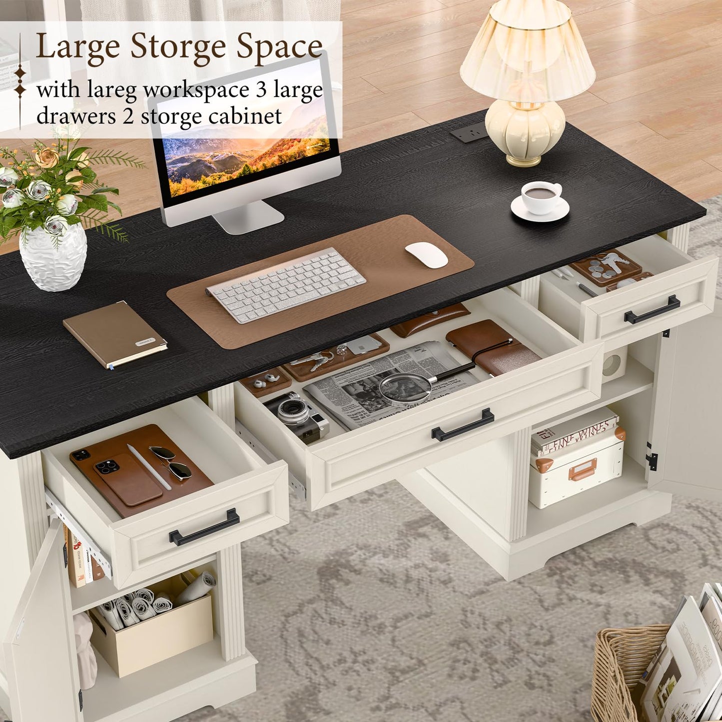 Vabches Executive Desk with Storage Drawers, Farmhouse Office Desk with Charging Station Wood Computer Desk with Ample Storage Cabinet, Rustic Home Wrting Desk with Drawers for Office, White