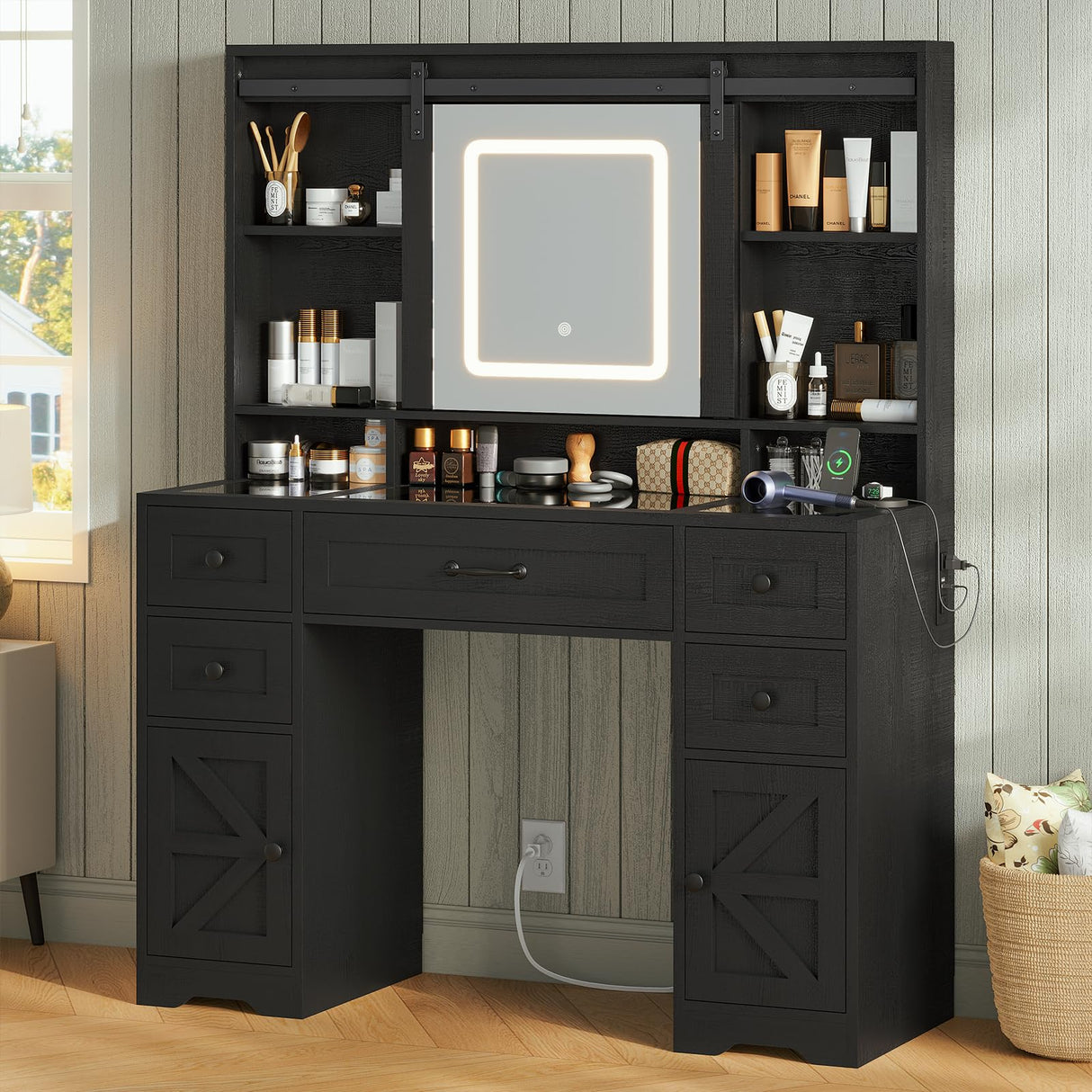 HAUOMS Vanity Desk with Sliding Mirror & LED Lights, Glass Top Farmhouse Makeup Vanity Table with Power Outlet, Rustic Dressing Table, Wood-Grain Black HAUOMS