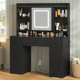 HAUOMS Vanity Desk with Sliding Mirror & LED Lights, Glass Top Farmhouse Makeup Vanity Table with Power Outlet, Rustic Dressing Table, Wood-Grain Black HAUOMS