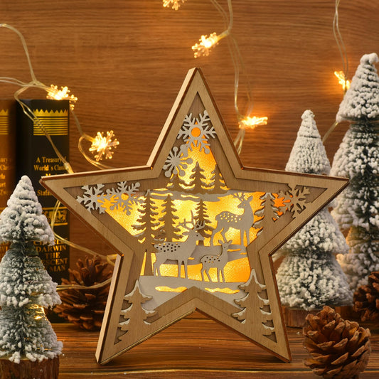 Ovootok Wooden Christmas Decor with LED Light Pentagram Multi-Layer Carved Ornament Table Sign Indoor Festive Decorations for Party Home Store Office Mantel Shelves