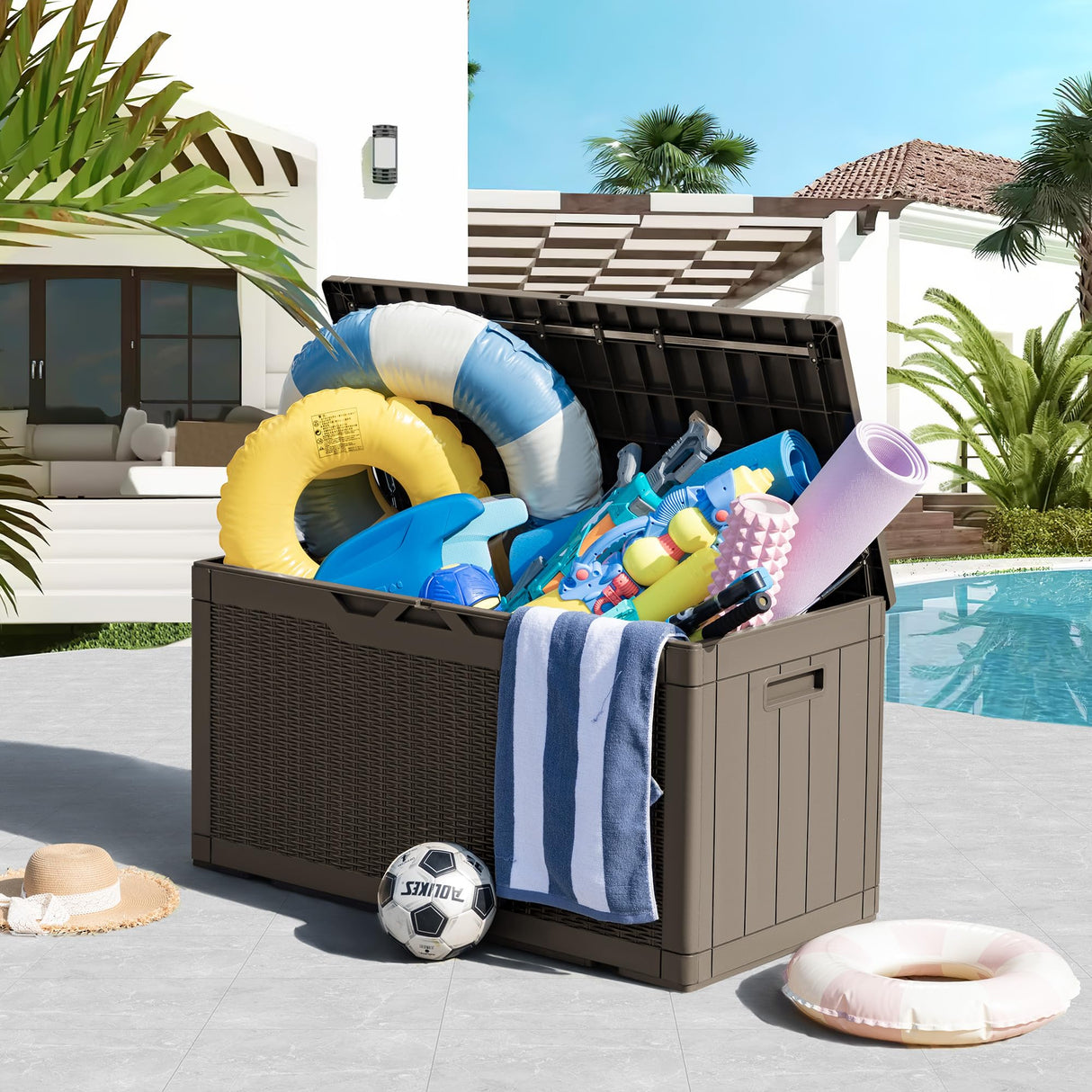 Greesum 100 Gallon Resin Deck Box Lockable Large Outdoor Storage Boxes for Garden Tools, Patio Furniture Cushions, Pool Supplies, Light Coffee Greesum