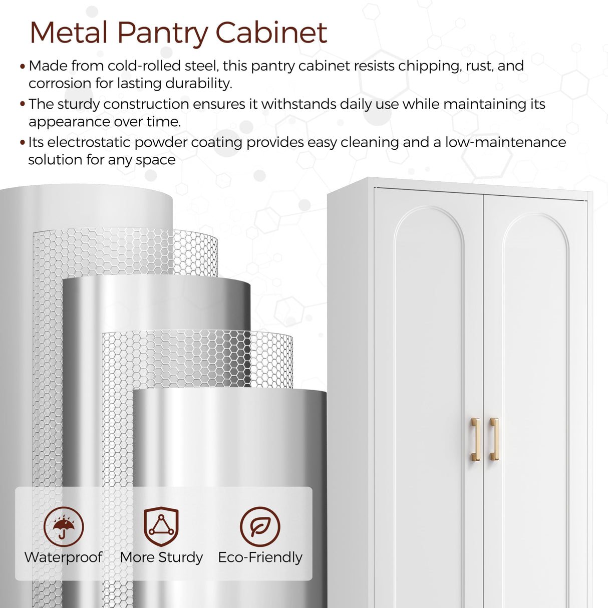 Kubohogar White Pantry Cabinet with Doors, 60" Tall Metal Pantry Cabinet with 3 Adjustable Shelves and Gold Handles, Kitchen Cupboard for Kitchen, Dining Room, Office Kubohogar