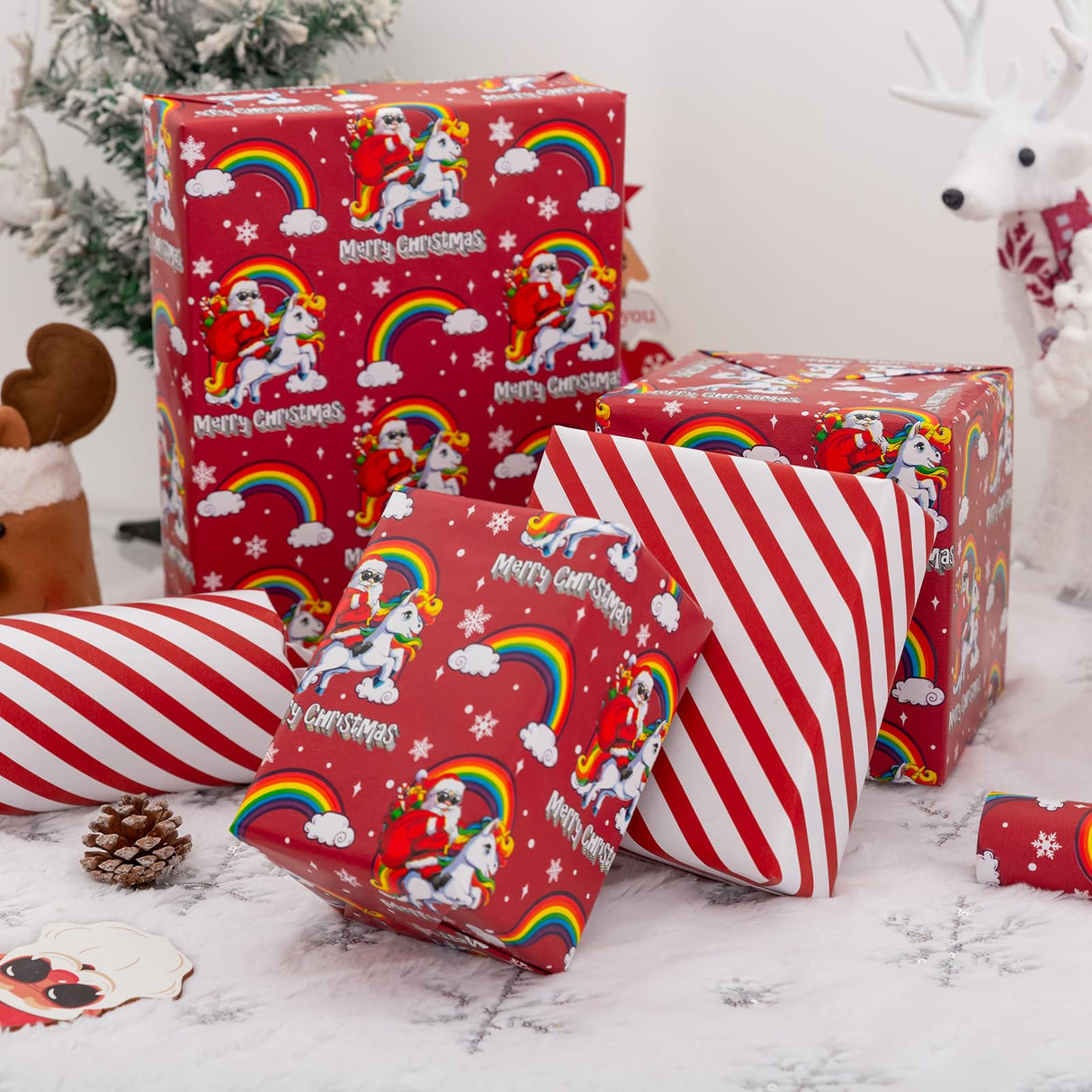 Vnaaem Reversible Christmas Wrapping Paper - Mini Roll - 17 Inches X 33 Feet - for Boys Girls Kids - Red Christmas Santa Unicorn Pattern Great for Holiday Birthday, Party, Baby Shower Vnaaem