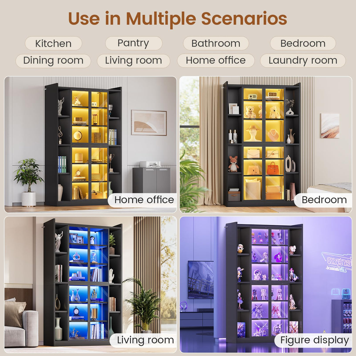 SEDETA 71" Display Cabinet with Acrylic Glass Doors, 6 Tier Display Cases for Collectibles, Curio Cabinet with LED Lights, Tall Bookcase with Adjustable Shelves, Black SEDETA