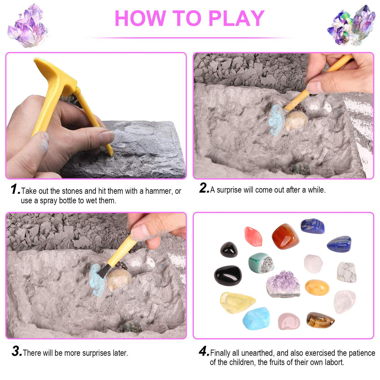 Gemstone Dig Kit, 16 Real Gem Stones and Crystals Excavation Kit, STEM Educational Toys Science Kit for Kids 5-7 8-12, Easter Basket Stuffers Gifts for Boys Girls DoDoMagxanadu