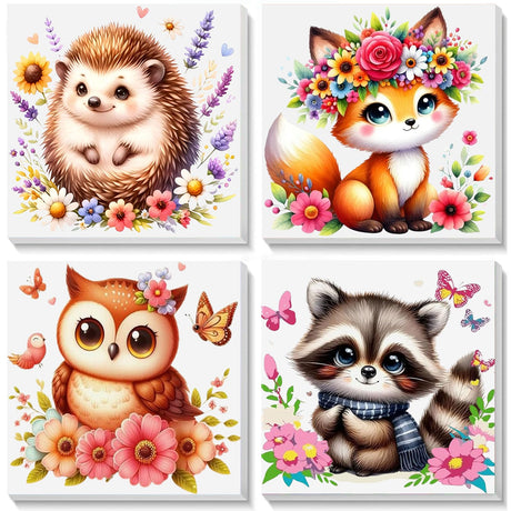 4 Pack Animal Paint by Number for Kids with Wooden Frame, Paint by Numbers for Kids Animals Ages 4-8-12, Easy Owl Fox Hedgehog Raccoon DIY Acrylic Oil Painting Kits for Home Wall Decor (8X8 inch) xackcme