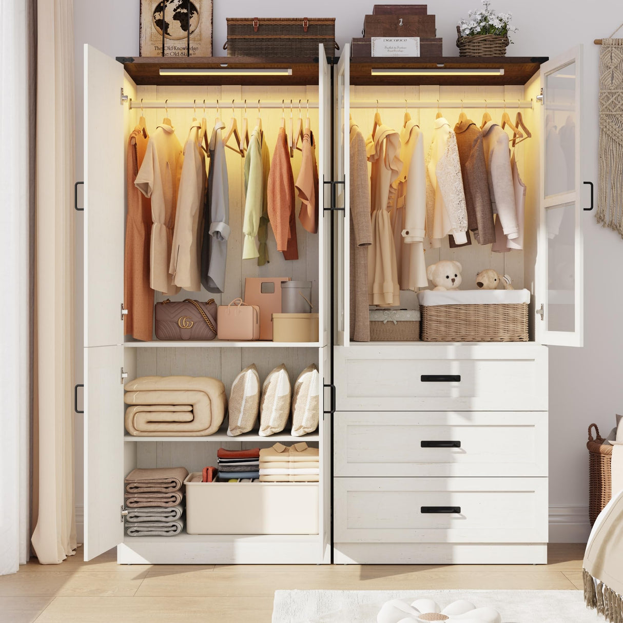 75" Tall Farmhouse 4 Doors Armoire Wardrobe Closet with 3 Drawers and LED,Freestanding Closet Wardrobe Cabinet for Bedroom with Hanging Rod,Wooden Armoire Storage Cabinet Adjustable(Rustic Off White) Hlivelood