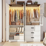 75" Tall Farmhouse 4 Doors Armoire Wardrobe Closet with 3 Drawers and LED,Freestanding Closet Wardrobe Cabinet for Bedroom with Hanging Rod,Wooden Armoire Storage Cabinet Adjustable(Rustic Off White) Hlivelood