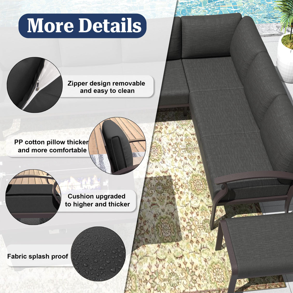 Kurapika Patio Furniture Set 8-Piece Aluminum Sectional Sofa with Armrest, Modern Outdoor Conversation Set, Metal Corner Sofa with Ottoman, Black Kurapika