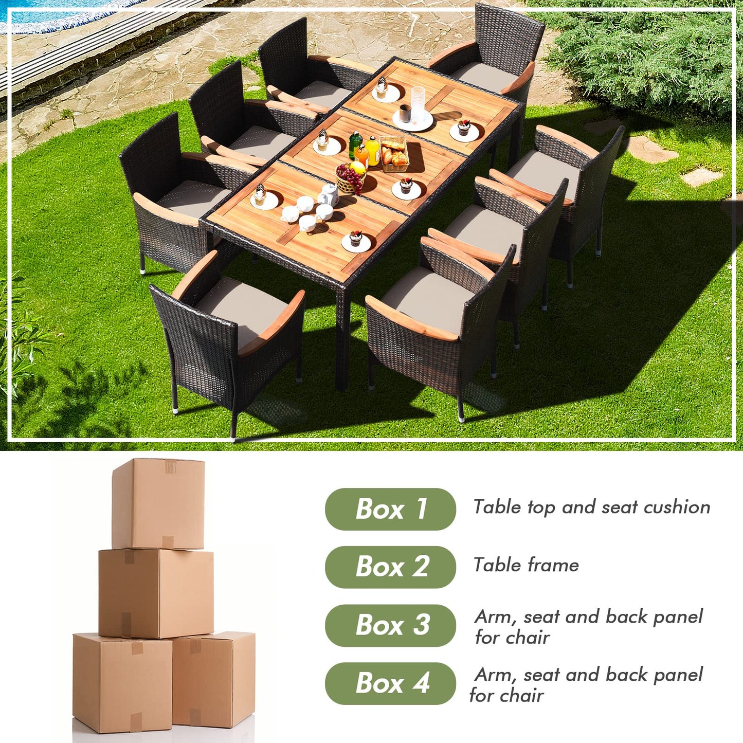 Toolsempire Patio Dining Set Outdoor Dining Set, 9 Pieces Wicker Patio Furniture Set with Acacia Wood Table and Chairs, Garden Dining Table Set for Backyard, Poolside, Desk, Christmas(Brown)