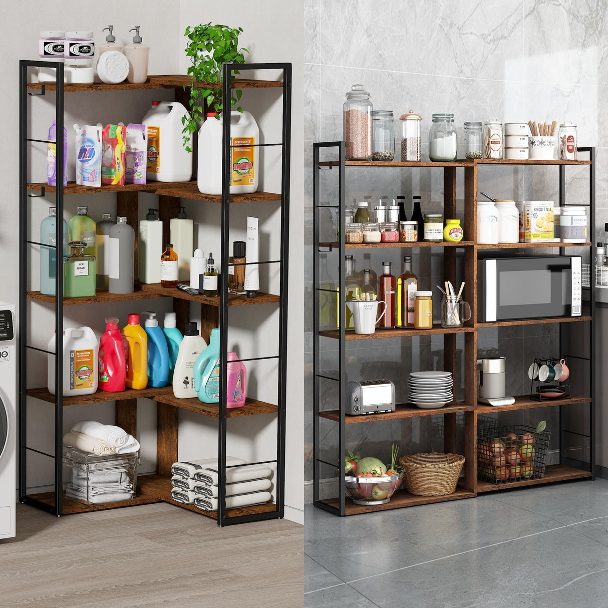 RKVPCNE 5 Tier L Shaped Bookshelf Wood Bookcase with 2 Hooks Modern Corner Bookshelf Library Industrial Shelving Book Case Adjustable Book Shelves for Bedroom Living Room Home Office Rustic Brown RKVPCNE