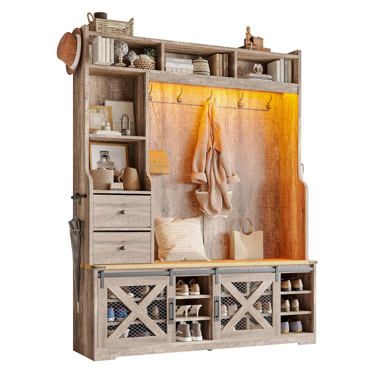 AMERLIFE 7-in-1 Farmhouse Hall Tree with Bench and Shoe Cabinet, LED Entryway Organizer with Drawers,12 Shoe Cubbies & Barn Doors, 7 Coat Racks with Shoe Storage, Rustic Gray AMERLIFE