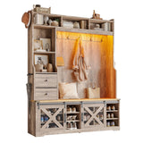 AMERLIFE 7-in-1 Farmhouse Hall Tree with Bench and Shoe Cabinet, LED Entryway Organizer with Drawers,12 Shoe Cubbies & Barn Doors, 7 Coat Racks with Shoe Storage, Rustic Gray AMERLIFE