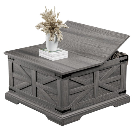 VVFLU Farmhouse Coffee Table with Storage, Square Center Table for Living Room, Rustic, Hinged Lift Top Soft Close, Wood, Large Hidden Storage, Modern, Metal Corner, Grey VVFLU