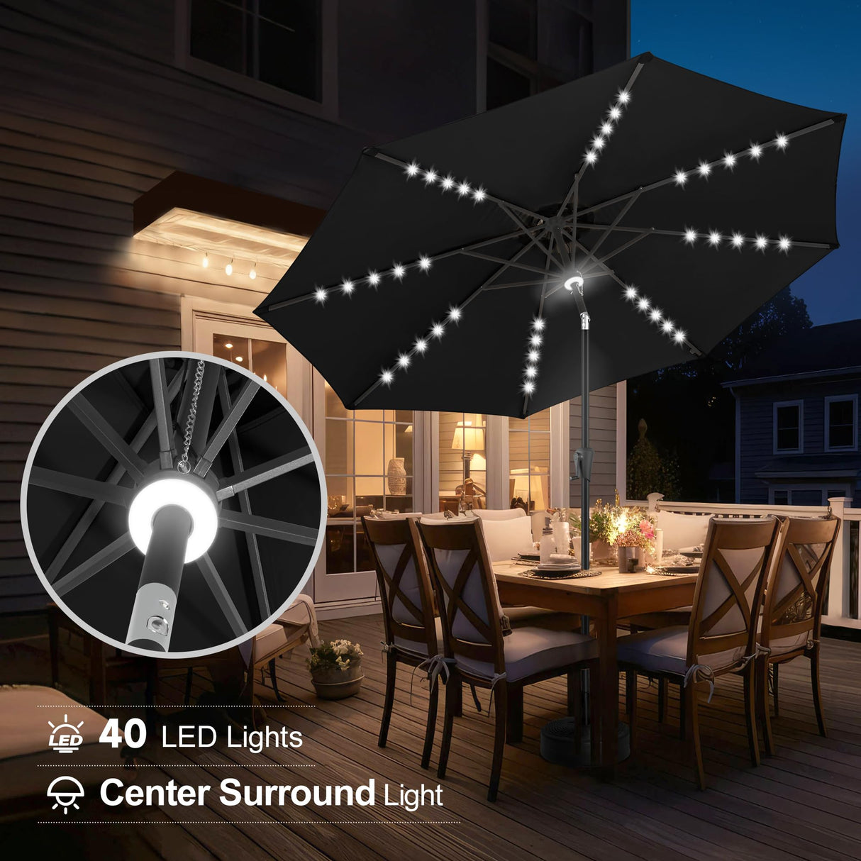 FLAME&SHADE 10 ft Solar Powered Outdoor Market Patio Table Umbrella with LED Lights and Tilt, Black FLAME&SHADE