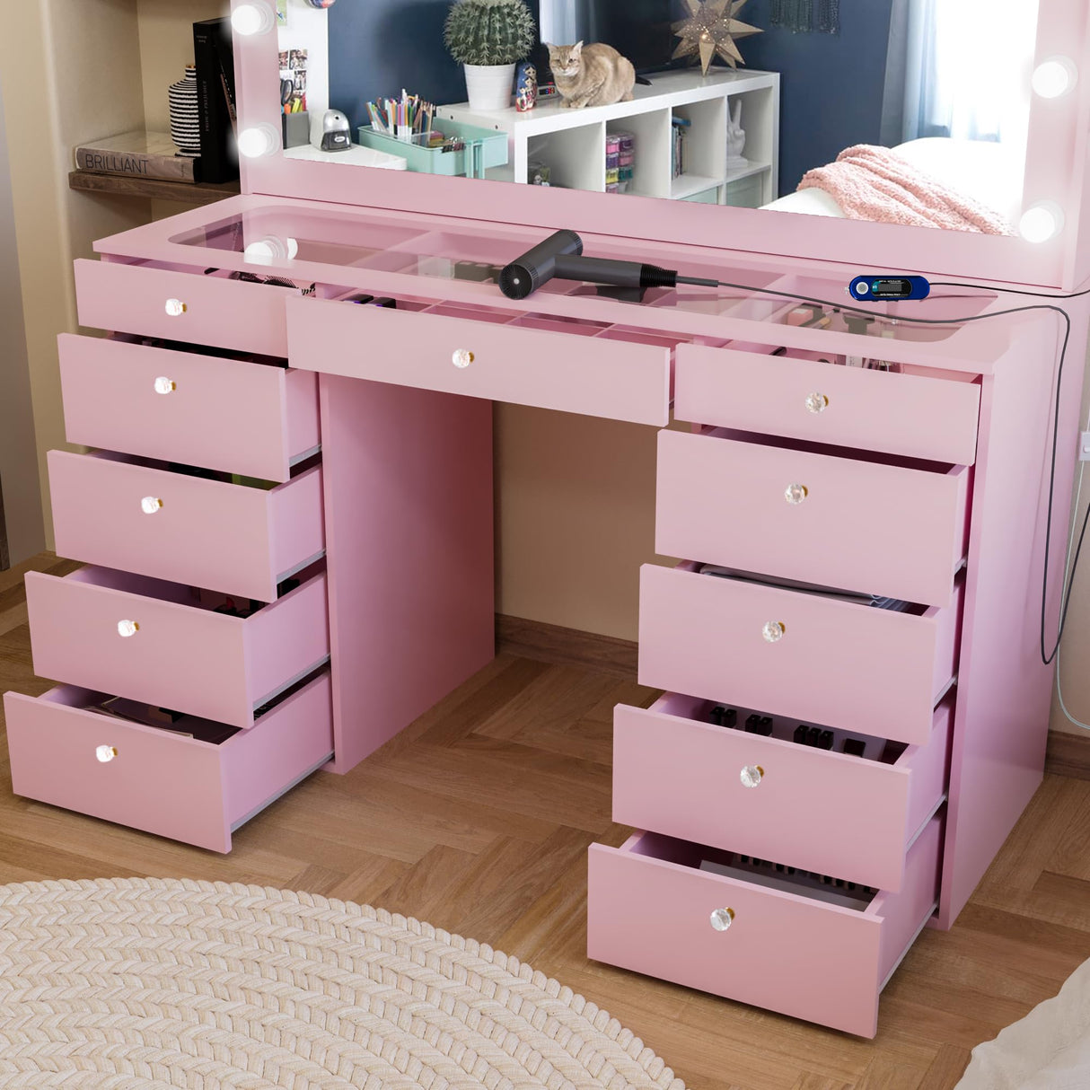 Boahaus Orla Extra-Large Makeup Vanity Desk with Hollywood Lights, 11 Drawers, Hair Dryer Hanger, USB Type-C & Type-A, Power Outlet for Beauty Tools, Glass Top, Crystal Knobs – Premium Pink Finish Boahaus
