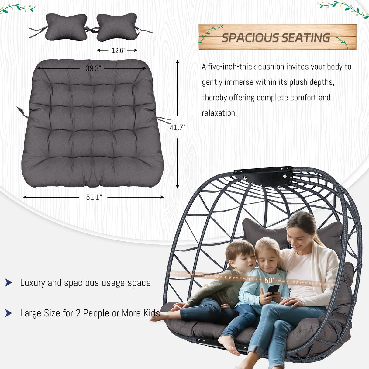 BLUEXYARD Extra Large Double Hanging Egg Chair with Stand, 2 Person Outdoor Indoor Swing Chair, 700 Lbs Heavy‑Duty Wicker Hammock Loveseat with Cushion for Patio Balcony Backyard, Dark Gray BULEXYARD