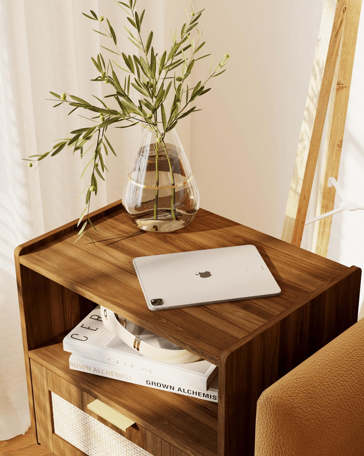 Veegle Rattan Nightstand,Modern Bedside Table with Storage Drawer and Open Wood Shelf, for Living Room, Bedroom and Small Spaces, Accent Night Stand with Solid Wood Legs, Easy Assembly,Walnut Brown Veegle