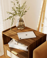 Veegle Rattan Nightstand,Modern Bedside Table with Storage Drawer and Open Wood Shelf, for Living Room, Bedroom and Small Spaces, Accent Night Stand with Solid Wood Legs, Easy Assembly,Walnut Brown Veegle