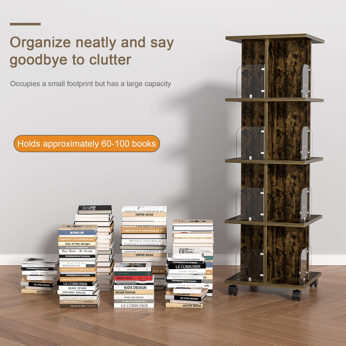 VECELO 360° Rotating Bookshelf with Wheels - 4-Tier Compact Corner Bookcase in Brown VECELO