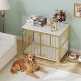 HOOBRO 38.6" Dog Crate Furniture, Wooden Indoor Dog Kennel, Decorative Dog Crate End Table, Chew-Resistant Heavy Duty Dog Crate for Small/Medium Dog, White and Gold DW100GW03 HOOBRO