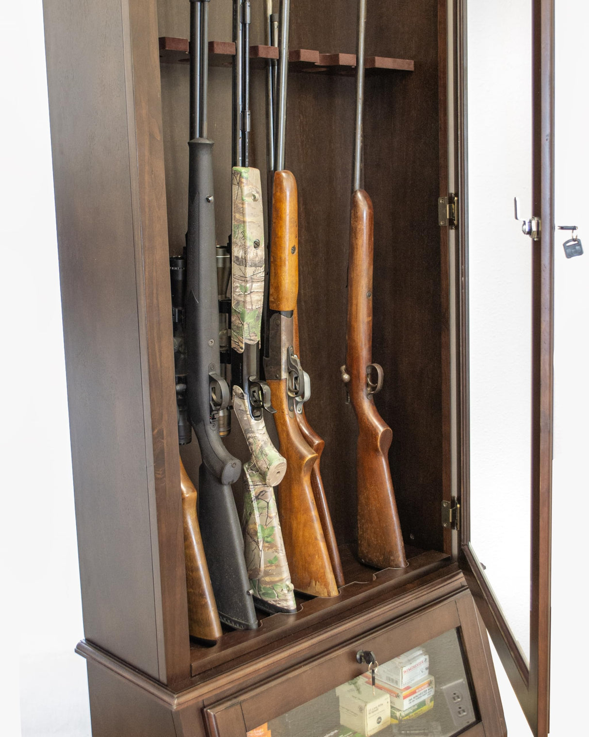 American Furniture Classics Model 858, 12 Gun Cabinet with Slanted Base and Tempered Glass, Espresso American Furniture Classics