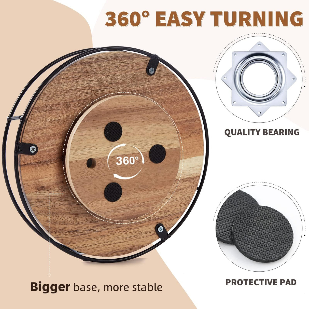 9" Acacia Wood Lazy Susan Turntable, Tomoaza Kitchen Organizer Turntable with Steel Sides, 360 Degree Turntable for Countertop Cabinet or Dining Table Tomoaza