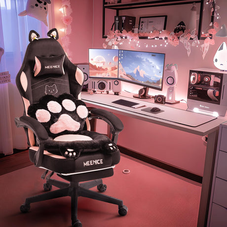 Pink Gaming Chair Cute with Cat Ears Paw Lumbar and Cushion,Ergonomic Computer Chair with Footrest,Reclining PC Game Chair for Girl Computer Chair 300lbs for Adult MEENICE