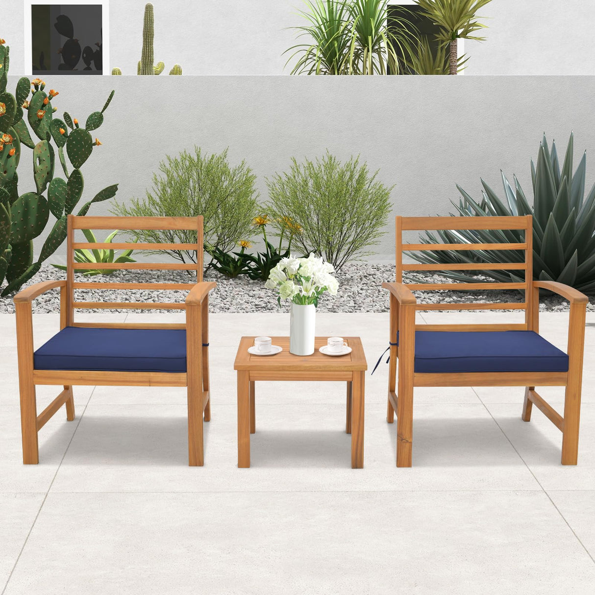 Tangkula 3 Pieces Outdoor Furniture Set, Acacia Wood Conversation Set with Soft Seat Cushions, Stable Acacia Wood Frame, Patio Sofa & Coffee Table Set for Backyard, Porch, Poolside (Navy) Tangkula