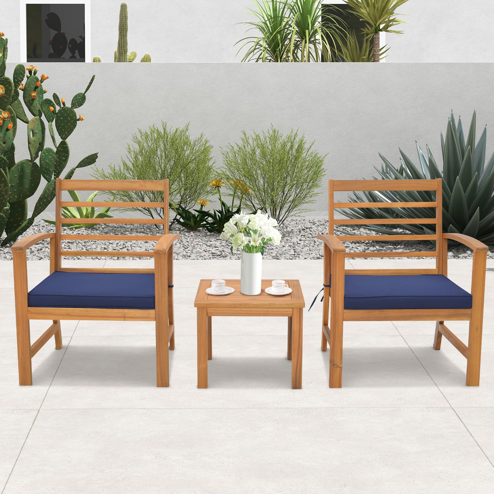 Tangkula 3 Pieces Outdoor Furniture Set, Acacia Wood Conversation Set with Soft Seat Cushions, Stable Acacia Wood Frame, Patio Sofa & Coffee Table Set for Backyard, Porch, Poolside (Navy) - WoodArtSupply