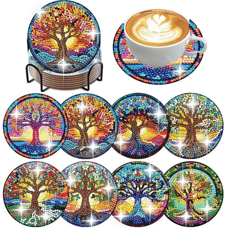 ijbnhd 8 PCS Tree of Life Diamond Art Coasters Diamond Painting Coasters Kits with Holder Tree of Life DIY Coasters for Beginners Adults Crafts Supplies 4X4inch (Cork Wooden Pad) ijbnhd