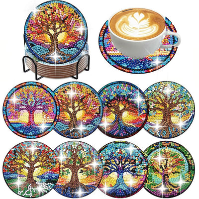 ijbnhd 8 PCS Tree of Life Diamond Art Coasters Diamond Painting Coasters Kits with Holder Tree of Life DIY Coasters for Beginners Adults Crafts Supplies 4X4inch (Cork Wooden Pad)