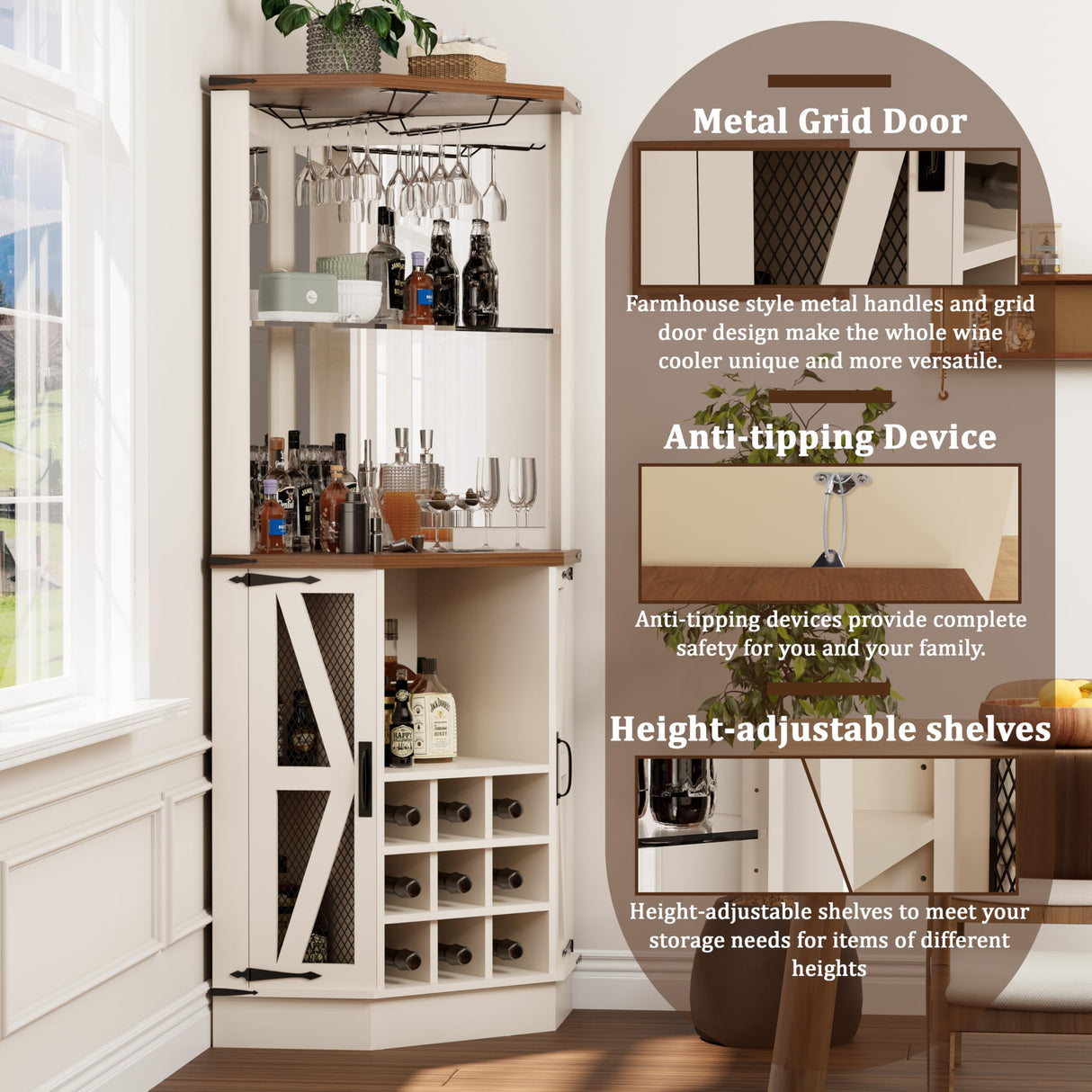 Royal Windsor Farmhouse Corner Bar Cabinet,Modern Wood Freestanding Wine Bar with Storage and Wine Holder, Tall Hutch Cabinet for Home, Display Bar Cabinet with LED Lights and Mirror, White Royal Windsor