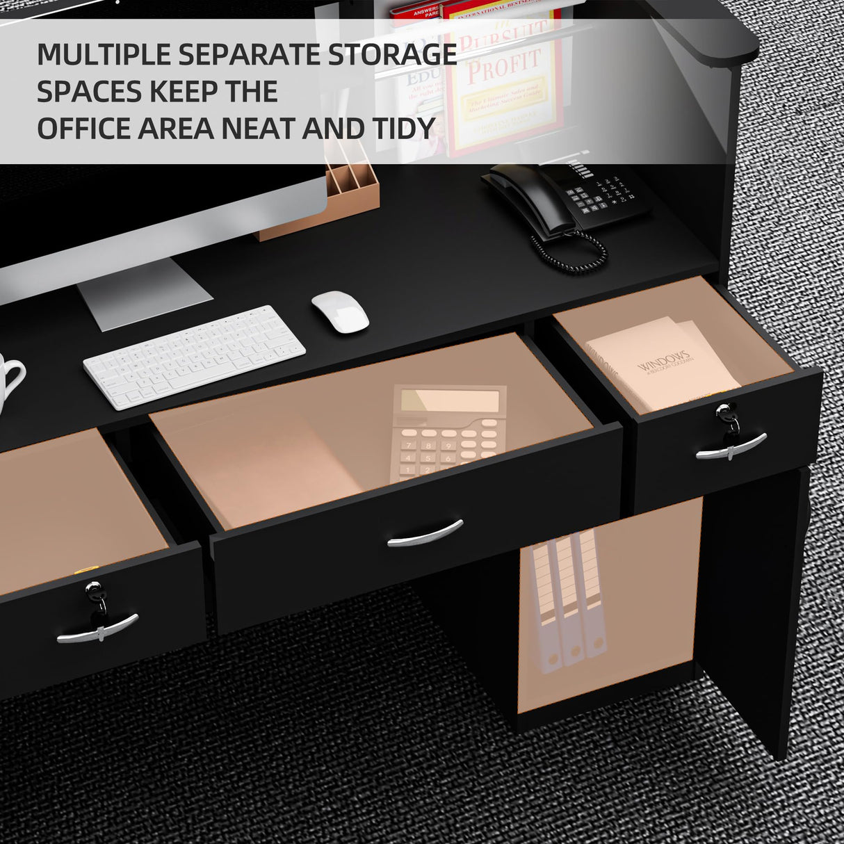 OUTGUAVA Modern Front Desk & Reception Desk with LED Lighting, 50-inch Retail Counter with Power Socket, DIY Stripe for Checkout, Lobby, Salon, Offices - Black OUTGUAVA