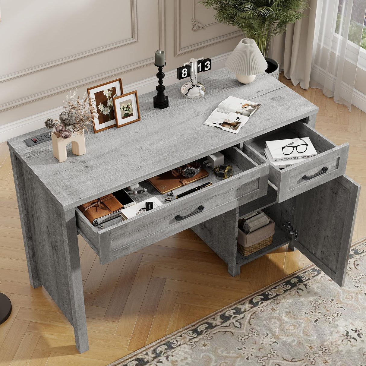 Farmhouse 47" Executive Desk, Computer Desk with Drawers and Storage Cabinet, Workstation Computer Desk for Home Office and Study.(Grey) Vabches