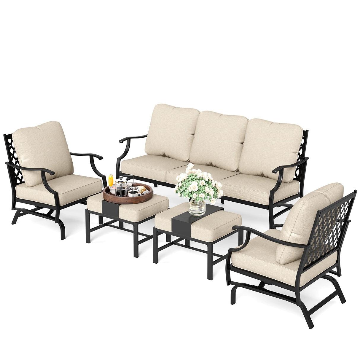 HERA'S HOUSE 5 Pieces Patio Furniture Set, 2 x Cushioned Rocking Chair, 2 x Ottoman, 1 x 3-Seat Sofa, All Cushioned 7 Seats Outdoor Conversation Set for Lawn Garden Backyard HERA'S HOUSE